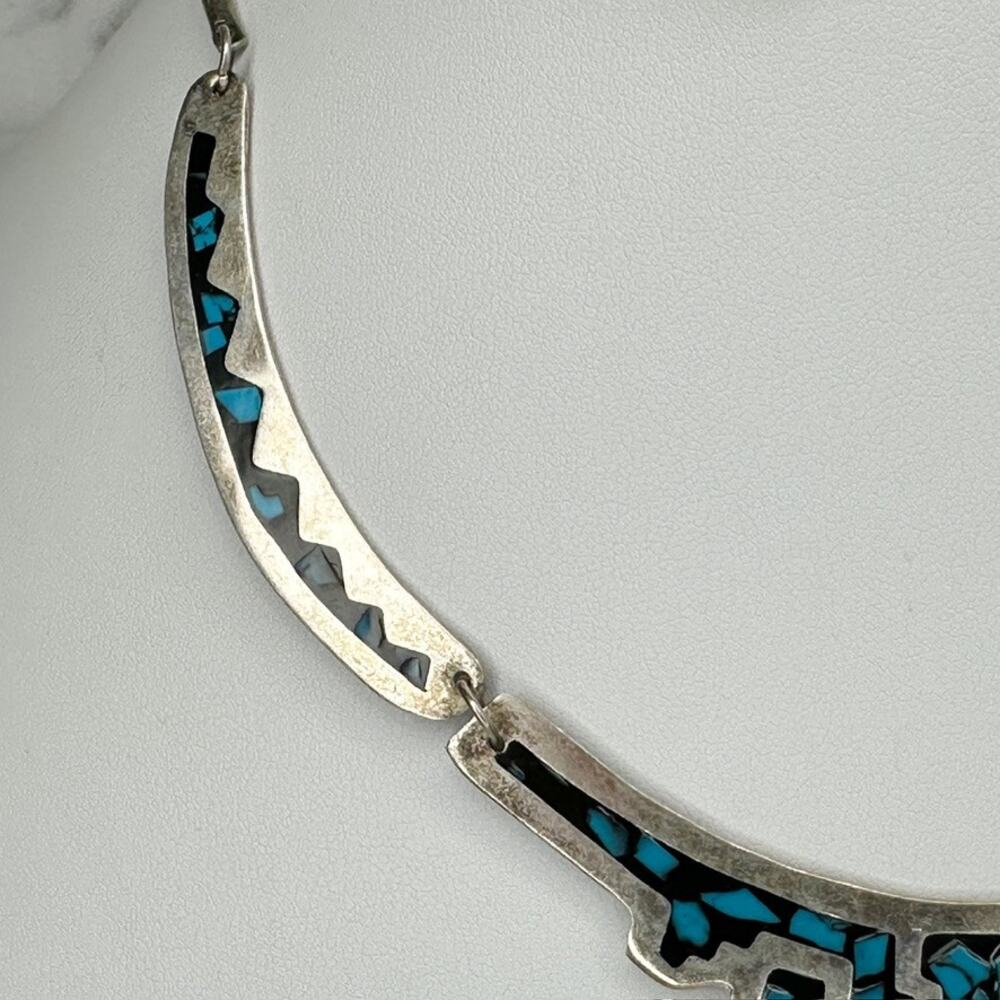 Vintage Alpaca Mexico Silver Tone Faux Turquoise Geometric Collar Necklace ✨ - Picture 5 of 9